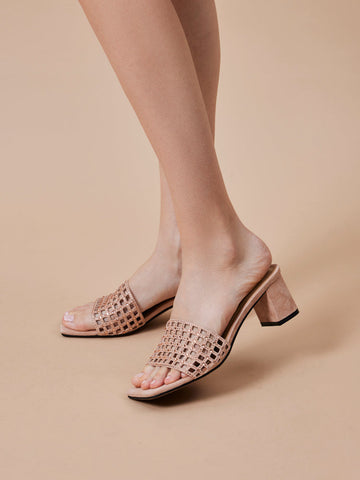 PAZZION, Iris Crystal Embellished Perforated Mule Heels, Almond